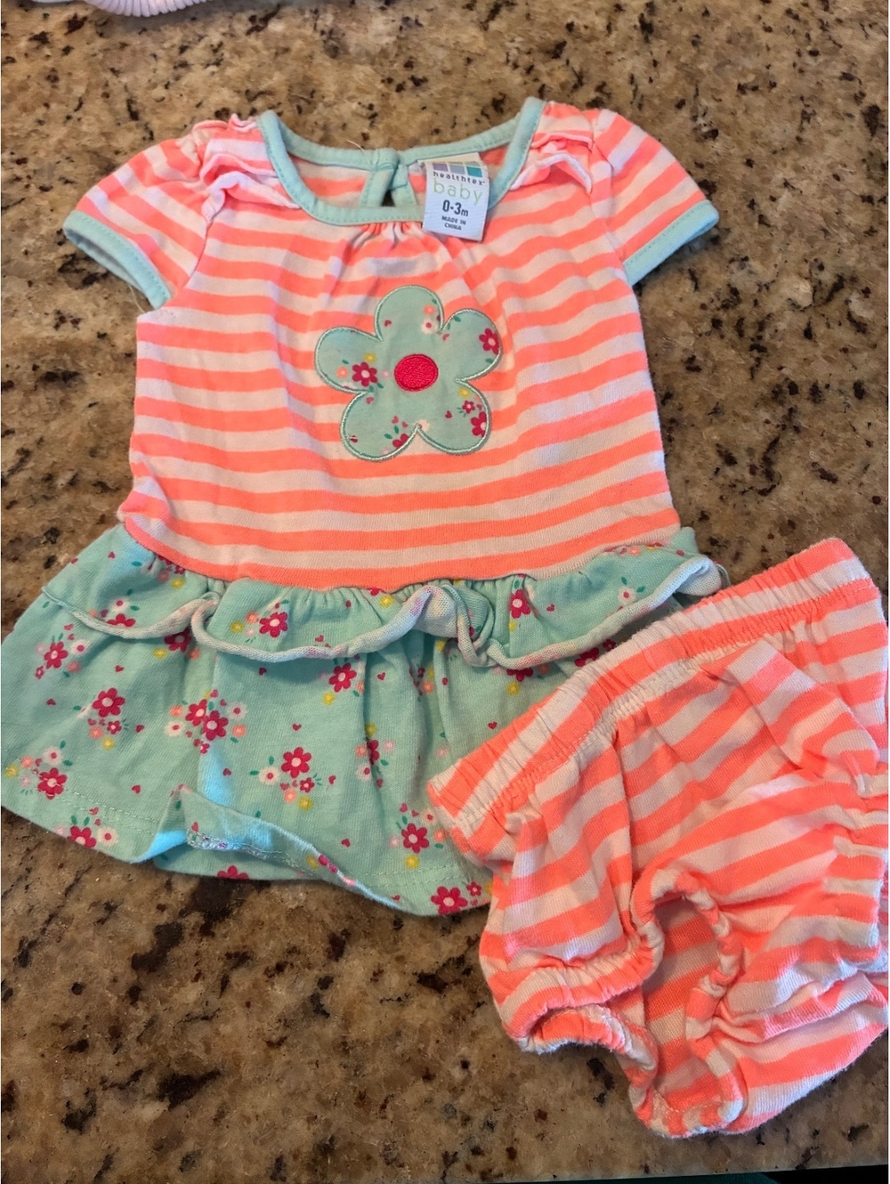 Healthtex Baby Girl 0-3 Months coral pink and Mint Floral Dress with Bloomers